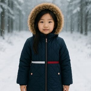 🎀 Tommy Hilfiger Girls Coat Faux Fur Hood Navy Blue Red White Stripe Size 4